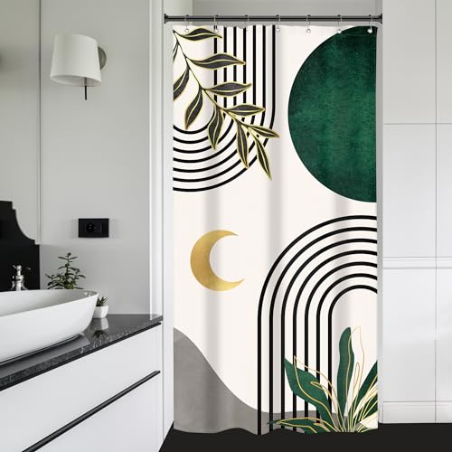 Image of Riyidecor Small Stall Bohemian Mid Century Shower Curtain Abstract Simple Arch Leaves 36Wx72H Inch Rv Narrow Modern Contemporary Moon Green Gold Fabric Decor Bathroom Polyester Waterproof Hooks