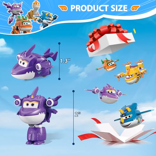 Super Wings 2" Transform-a-Bots 4-Pack, Supercharged Sally, Stego, Trico, Brachy, Airplane Toys Vehicle Mini Figures, Fun Toys for Kids, Transformable Toy for 3 4 5 Year Old Boys and Girls