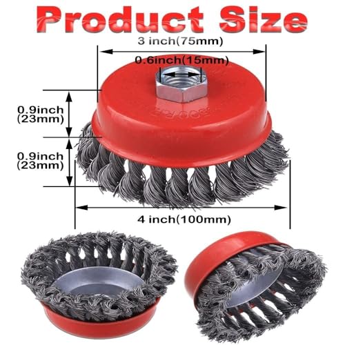 Image of 2pcs Wire Cup Wheel Brush,3 Inch Twisted Knotted with5 /8 Inch-11 Threaded Arbor for Heavy Cleaning Rust