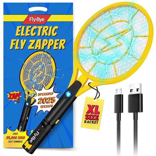 Fly-Bye Raqueta Matamoscas Electrica (Versión actualizada 2024) - 4000V Raqueta Mosquitos Electrica - Mata Moscas - Matamoscas Electrico - Atrapa Moscas Electrico - USB Recargable - Luz LED Intensa