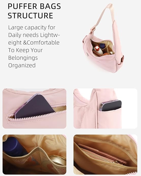 Purse, Nylon Quilted Shoulder Hobo Purses, Cute Waterproof Puffer Crescent Bag, Adjustable Shoulder Strap3