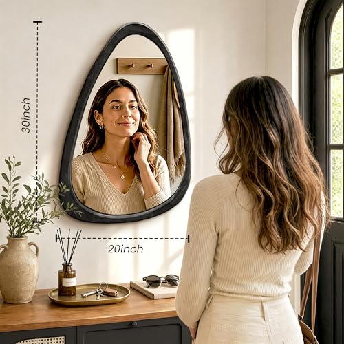 Image of Asymmetrical Mirror, 30 inchx20 inch Unique Irregular Wall Mirror, Wood Mid Century Modern Mirror Decor for Bathroom Bedroom Living Room Entryway Hallway (Black)