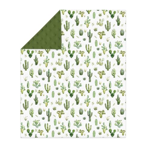 Image of Watercolor Green Cactus Baby Blankets for Girl Boy with Dotted Backing Double Layer Boho Cactus Leaves Soft Swaddle Receiving Blanket Wild Desert Plants Newborn Toddler Nursery Bed Throw 30x40