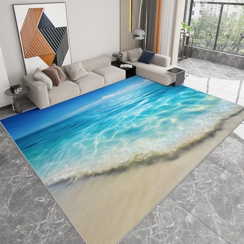 Tapis de Zone Océan Plage Lavable en Machine 80 x 150 cm, Tapis à Faible Poil Antidérapant avec Imprimé Côtier Réaliste Vagues - pour Salon Chambre à Coucher...