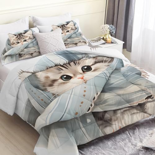 FamHarbor B250 - Juego de edredón reversible sin funda de edredón de 7,5 tog, estampado de gato 3D, suave y cómodo para todas las estaciones (135 x 200 cm) con 2 fundas de almohada