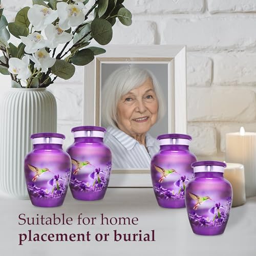Trupoint Memorials Small Urns for Human Ashes Keepsake, Female Burial Urn, Decorative Mini Cremation Urn for Adult Men & Women – Set of 4, Purple Hummingbird
