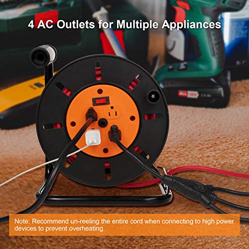 Suraielec Extension Cord Reel With 4 Outlets, 15 Amp Circuit Breaker, Sturdy Metal Stand, Holds 100 Ft 16/3, 14/3 Or 75Ft 12/3 Cord, Portable Empty Hand Crank Electric Cord Roller Holder, Etl Listed #TOP3