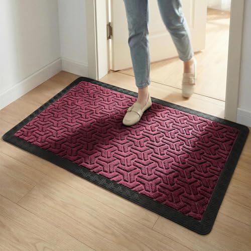 Image of Yellow Weaves Large Size (60x90 cm) Door Mat for Home Entrance, Outdoor Rubber Mat - Non-Slip, Anti Skid Foot Mat, Dirt Trapper, Heavy-Duty, Waterproof Doormat (Triangle Design, Wine Color)