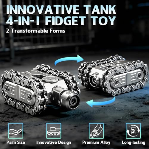Image of Fidget Slider Chain Spinner 4 in 1 Heavy Duty Tank Hand Roller Toy, Tactile Clicking Sound Haptic Fidget Toy, EDC Anxiety Focus Sensory Tool Gift for Men Teen Boy, Silvery /Metal