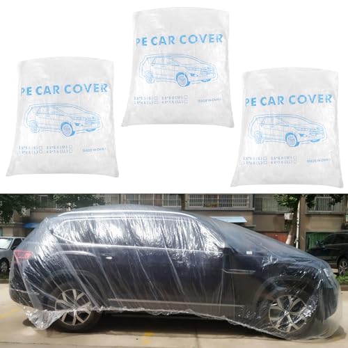 Image of 3 Packs Disposable Car Cover Clear Plastic Car Cover Universal Rain Dust Garage Cover with Elastic Band Large (15.7FT x 24.6FT)