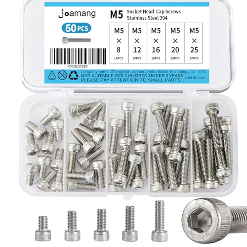 Joamang M5 x 8mm 12mm 16mm 20mm 25mm Socket Head Cap Screws Bolts, Stainless Steel 304, Metric Allen Hex Drive, Bright Finish, Fully Threaded, Assortment Kit 50PCS