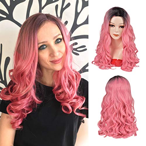 Long Wavy Pastel Wigs Dark Roots Ombre Pink Wigs for Women Girls Cosplay Party Synthetic Wigs Glueless Middle Part Natural Hair Wigs ?24