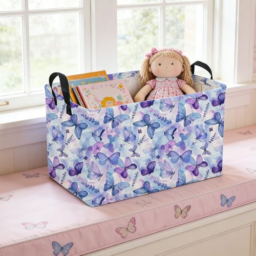 Image of Rectangular Purple Butterfly Baskets,Foldable Waterproof Outdoor Purple Gift Basket with Handle,Baby Storage Basket,Girls Baskets,Butterfly Room Decor(Cute Butterfly)