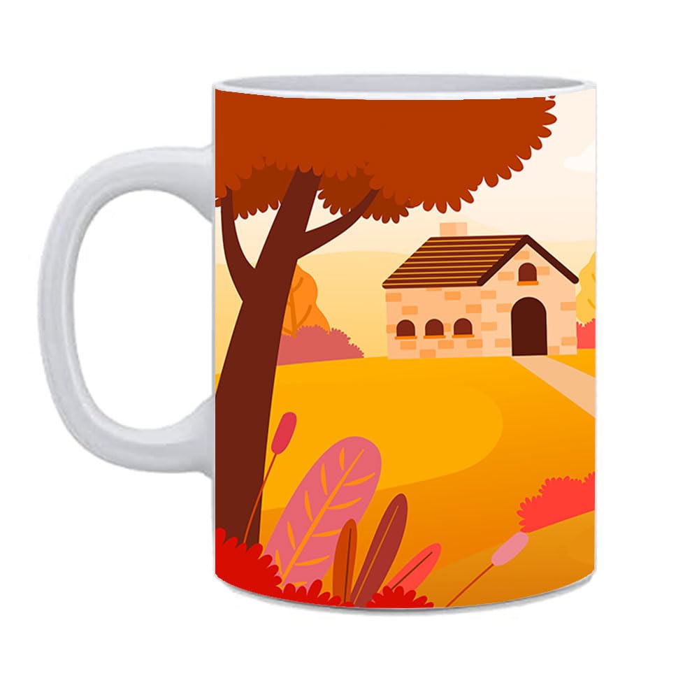 Autumn Printed Ceramic Tea Coffee Cup: Rustic Leaf Revelry: 330ml - Nature's Embrace!