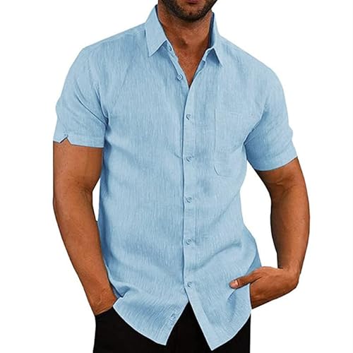 Delcarino Men's Short Sleeve Button Up Linen Shirts Summer Casual Pocket Beach Shirts Blue Medium #TOP29