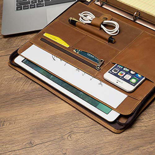 YIWEN Handmade Crazy-Horse Leather 3 Ring Binder Portfolio Padfolio Folder with Zipper for Men and Women, Business Organizer for Letter A4 Size for Meeting and Travel (Custom Engraved, Brown)