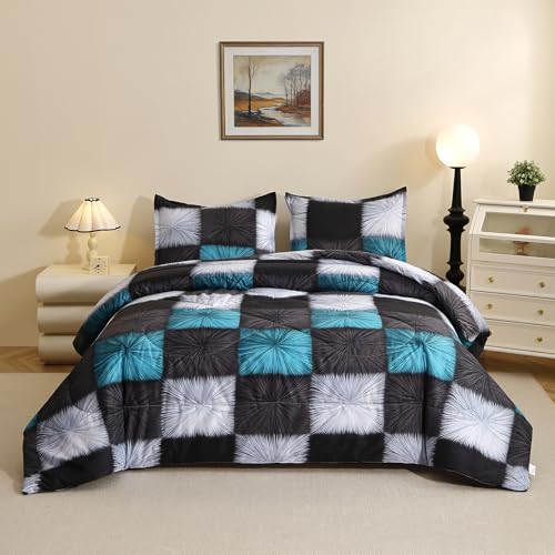 Image of Caressma Black and White Checkered Comforter Bedding Set Queen (90x90 Inch), 3 Pieces Queen Size Blue White Plaid Comforter Set, Fluffy Black Grid Home Decor for All Seasons