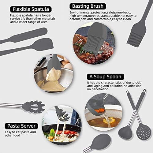 Silicone Kitchen Utensils Set,30 Pcs Silicone Cooking Utensils Set,Stainless Steel Cooking Utensils Heat Resistant Cookware,Cooking Tools with Holder for Non Stick Pans (Grey)