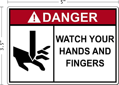 Danger - Watch your hands and fingers - safety decal - Decal Sticker Placard 5\"W X 3.5\"H