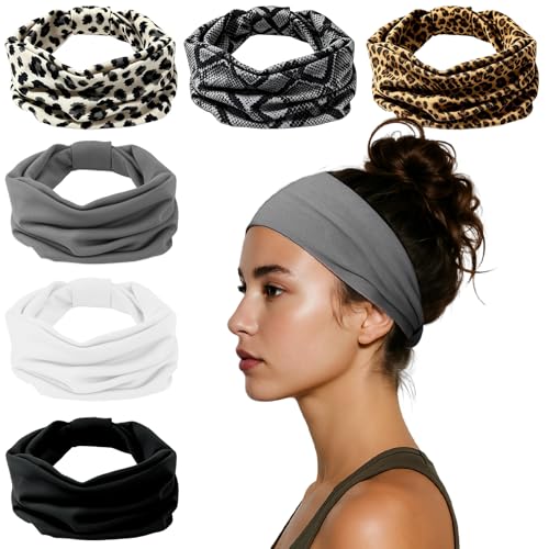 Image of HSEM Knotted Headbands for Women 6-Pack - Wide Soft Elastic Non-Slip Hair Bands - Thick Stretchy Sweat Bands for Washing Face, Makeup, Workout, Running, Spa, Yoga, Fashion, Leopard Print