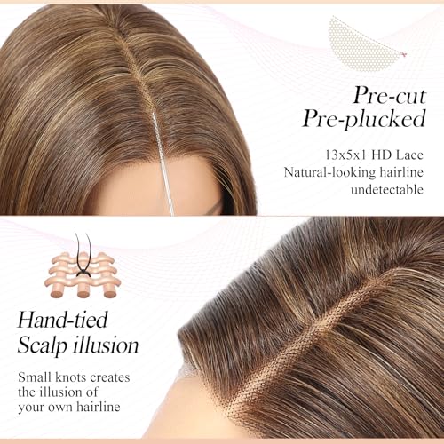 Image of EMMOR Human Hair Wig for Women 13x5x1 Inch HD Lace Front Wig 18 Inch Layered Glueless Wigs Pre-Plucked Hairline Human Hair Blend Synthetic Fiber for Everyday Wear(Brown with Blonde Highlights)