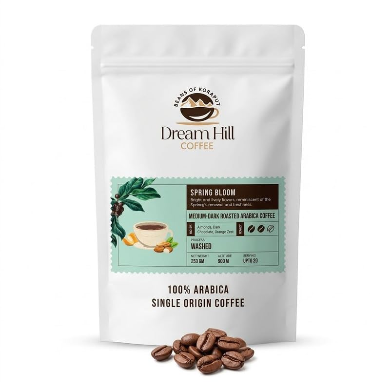 Image of Dream HIll Coffee Spring Bloom - Medium-Dark Roast notes of Chocolate, Almonds, Orange | Single Origin, Made With 100% Specialty Grade Arabica Freshly Roasted and Grounded Koraput Coffee | 250g (pack of 1), Home Espresso