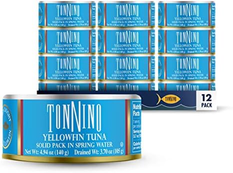 Tonnino Tuna Solid Albacore in Spring Water, Wild, Non-GMO, Canned, 4.94 Oz (Pack of 12)