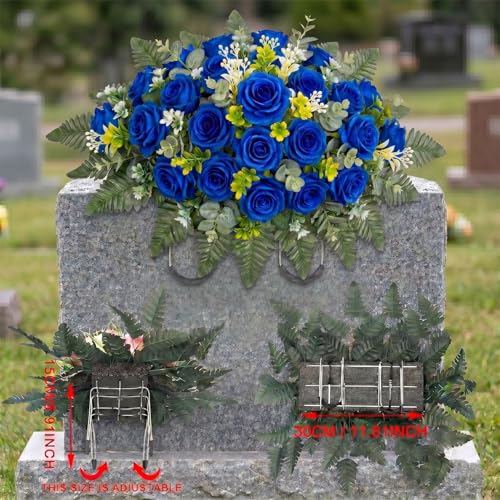 Artificial Cemetery Flowers for Graveside - Headstone Saddle Flower Arrangement, Outdoor Grave Memorial Tombstone Decor, Weather-Resistant Faux Roses (Blue) image 4