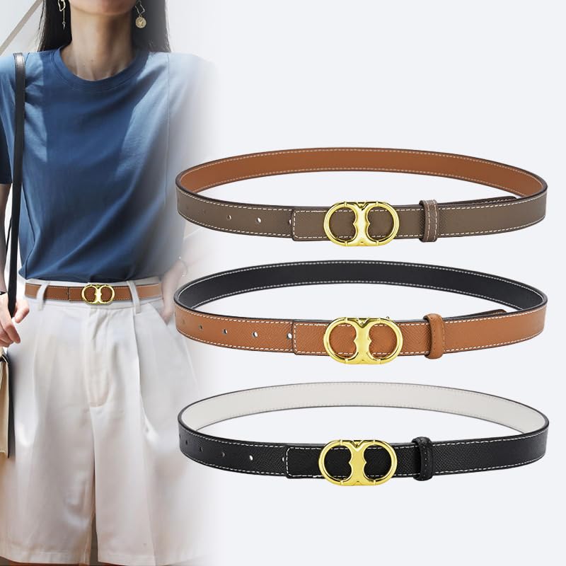 Women Reversible Leather Belt for Jeans Pants,Fashion Gold Buckle Ladies Dress Belt2