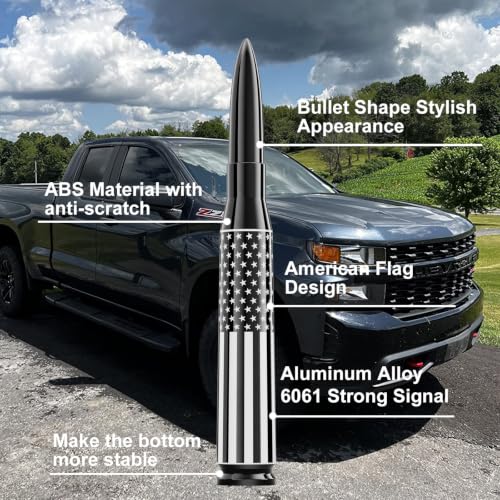 Image of Car Truck Antenna with Tire Valve Caps Ring American Flag Universal Short Replacement for GMC Sierra Chevy Silverado Dodge Ram 1500 2500 3500 Ford F150 F250 F350 Super Duty Raptor Accessories, Black