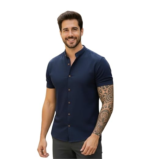 Camisa Social Masculina Manga Curta Gola Padre Elegante e Versatil Tendencia Verão