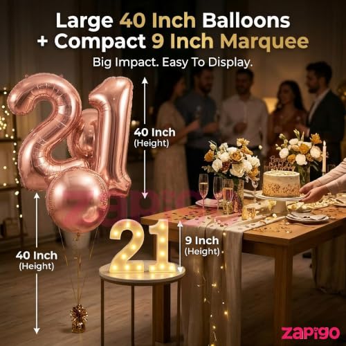 Image of Balloonistics Rose Gold 40-Inch Foil Number 60 Balloon with Matching LED Marquee Light - Combo Set for 60th Birthday, Anniversary, Party Decoration, Photo Booth Backdrop