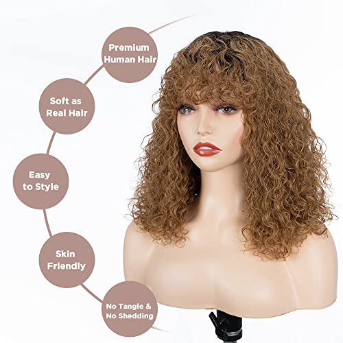 Short Curly Human-Hair Wigs with Bangs 12 Inch Jerry Curl Bob Wigs Human Hair Brazilian Virgin Human Hair None Lace Front Wigs for Black Women Machine Made Ombre Gold Wigs - Image 4