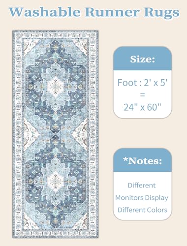 SERISSA Boho Washable Runner Rug, 2x5 Rug Non-Slip Vintage Blue Hallway Kitchen Runner Rug Ultra Soft Print Distressed Floor Carpet for Bedroom Bathroom Laundry Living Room