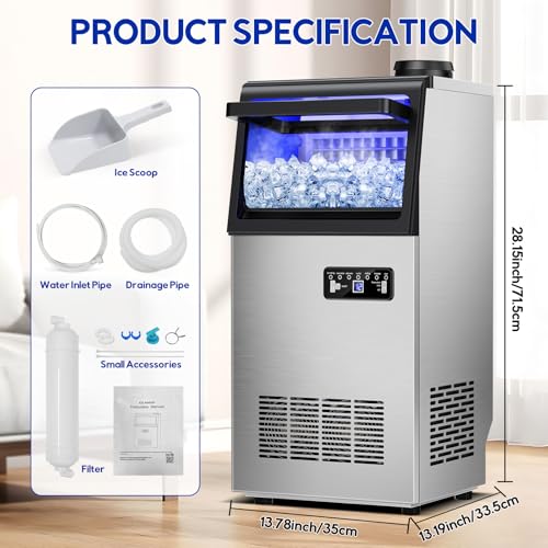 Image of Commercial Ice Maker Machine, 110Lbs /24H, 30Lbs Storage | 36Pcs Clear Ice Cubes in 10-15Mins, Stainless Steel, Under Counter Freestanding, 2 Water Inlet Modes, for Home Party Office