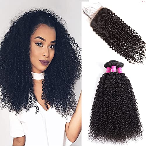 Malaysian Curly Hair Bundles Deep Weave 100% Unprocessed Remy Kinky Curly Human Hair Bundles Hair Weft Extensions Natural Black Color By Lovenea (10 12 14+8)