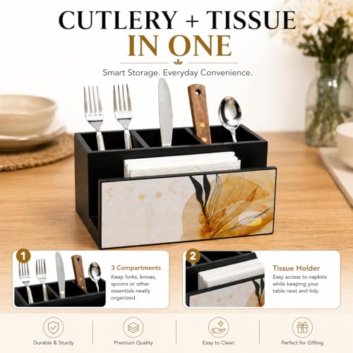 Image of Wooden Cutlery Holder I Countertop Organizer - Spoon Fork Knife Napkin Tissue Paper I Desk Supplies Pencil Pen Stationery Stand I Home & Kitchen I Size 7X 5 X 4, Autumn Black