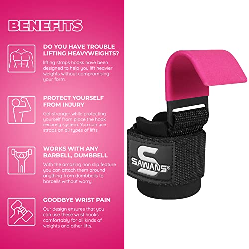Lifting Hooks Non-Slip Coated Heavy Duty Solid Steel Neoprene Thick Padded Wrist Support Pair of Weight Lifting Gym Straps Deadlifts Chin Pull Up Fitness Bar Grip Strength Training Equipment (Pink) - Image 3