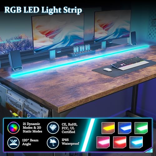 Image of DurayLoly 40 inch Computer Desk with Waterproof LED Lights,Bedroom Study Desk for Teens,Dorm Room Essentials,Headphone Hook&Storage Bag for Small Spaces,Sturdy Metal Frame,Rustic Brown