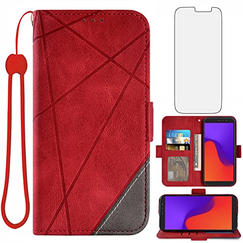 Asuwish Compatible with Tracfone BLU View 2 B130DL Wallet Case and Tempered Glass Screen Protector Flip Card Holder Stand Cell Accessories Phone Cover for Blue View2 BLUView Two 4G LTE Women Men Red
