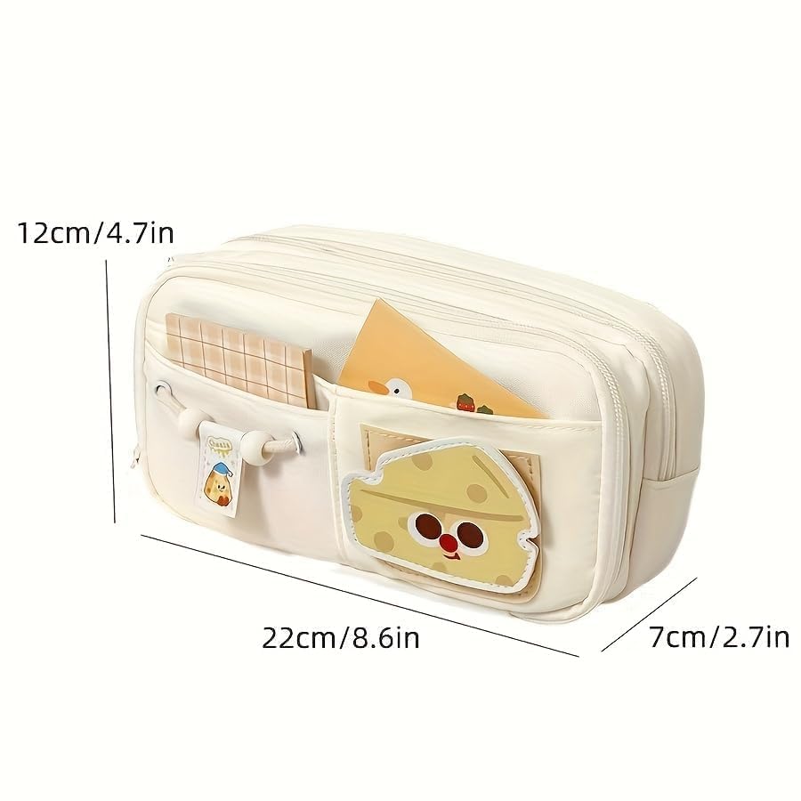 Image of OSDUE Canvas School Bag Pencil Case, 3 Layer 6 Compartment Large Capacity Pencil Pouch, Aesthetic Stationery Organizer with Zipper for Girls, Boys, Kids, School, College & Office (Beige)