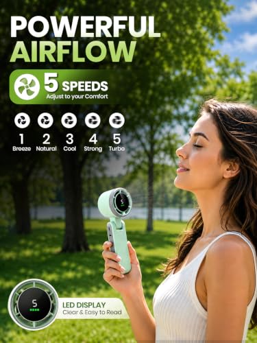 Image of EcoNour Portable Handheld Fan - 5 Gear High Speed 13550 RPM Rechargeable Mini Personal Hand Fans that Blow Cold Air, Battery Powered Travel Fan Essentials, Holiday Gifts for Women, Men - Green