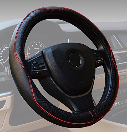 ECLEAR Genuina Cuero Cubierta del Volante de 38cm Cubre Volante Coche Universal, Antideslizante, Transpirable, Duradero (Negro y Rojo)