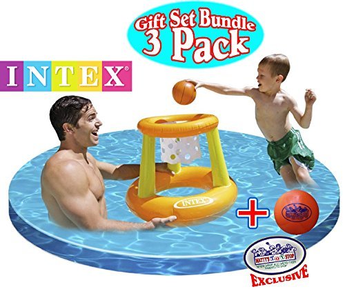 Intex Floating Pool Volleyball Game & Floating Hoops Basketball Game With Exclusive Matty's Toy Stop 4.25" Vinyl Basketball Gift Set Bundle - 3 Pack - Colors May Vary #TOP1