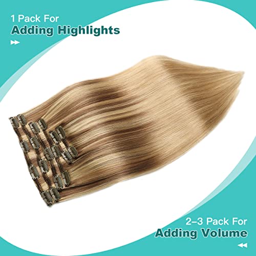 SURNEL 16inch Clip in Hair Extensions Human Hair 6pcs 100g Double Weft Clip in Extensions Balayage Ombre Color 10 Golden Brown Highlighted Fading to 16 Golden Blonde (C#10/16/16,16'') - Image 3