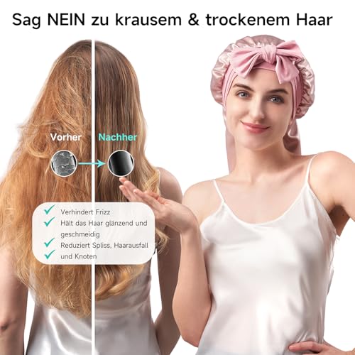 Umisleep 22 Momme 100% Maulbeerseide Atmungsaktiv Schlafmütze, Weiche Nachtmütze für Voluminöses Haar, Doppelseitig, Verstellbares Breites Band, Rosa