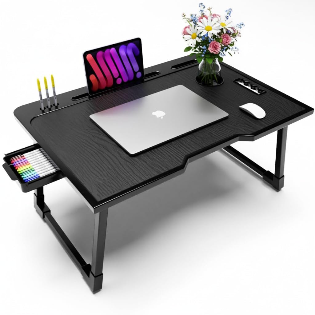 Multipurpose Foldable Laptop Table with Cup Holder, Study Table, Bed Table, Breakfast Table, Foldable and Portable/Ergonomic & Rounded Edges/Non-Slip Legs Kids & Adult
