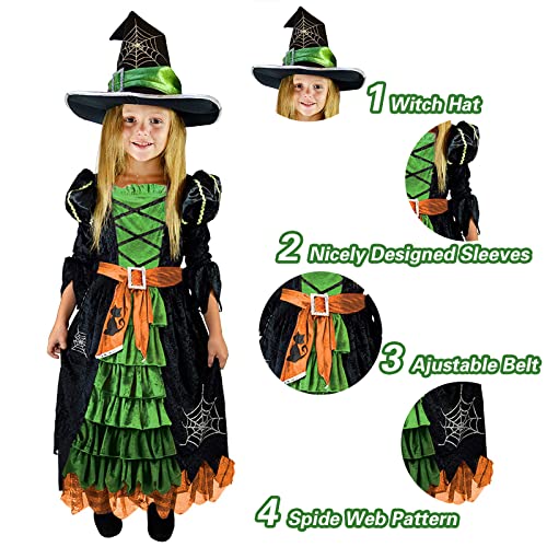 Halloween Witch Costumes Girls Deluxe Kids Halloween Dress Witch Hat Broomstick Halloween Candy Bag Outfit For Party (L, Green) #TOP3