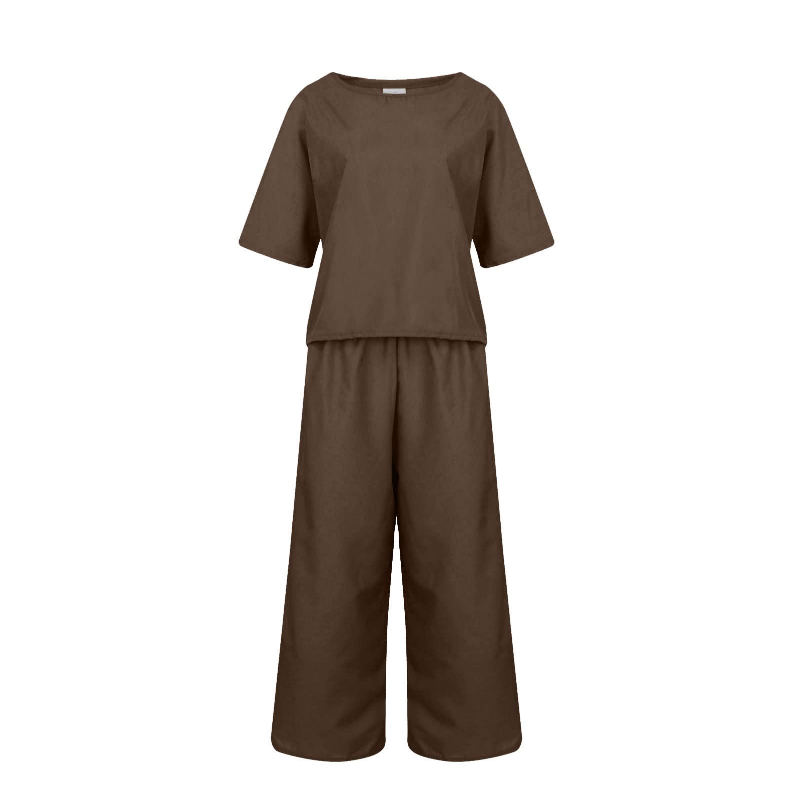 Womens 2 Piece Outfits Summer Linen Sets Short Sleeve V Neck Cropped Top Wide Leg Capris Pants Beach Lounge Sets - 5