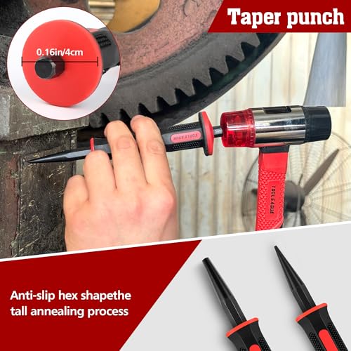 Image of TOOLEAGUE 9Pcs Punch and Chisel Set with Hand Guard | Including Cape & Cold Chisels, Taper, Pin & Center Punch for Working with Wood, Metal, Automotive